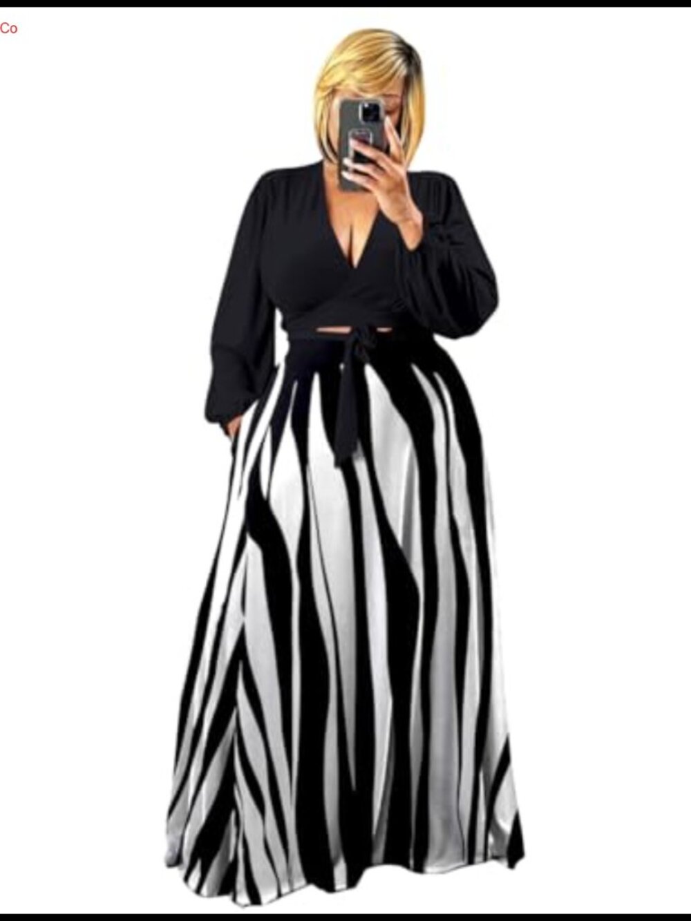 Plus Size 2 Piece Outfit Long Sleeve Wrap Crop Top Maxi Skirt Set Casual